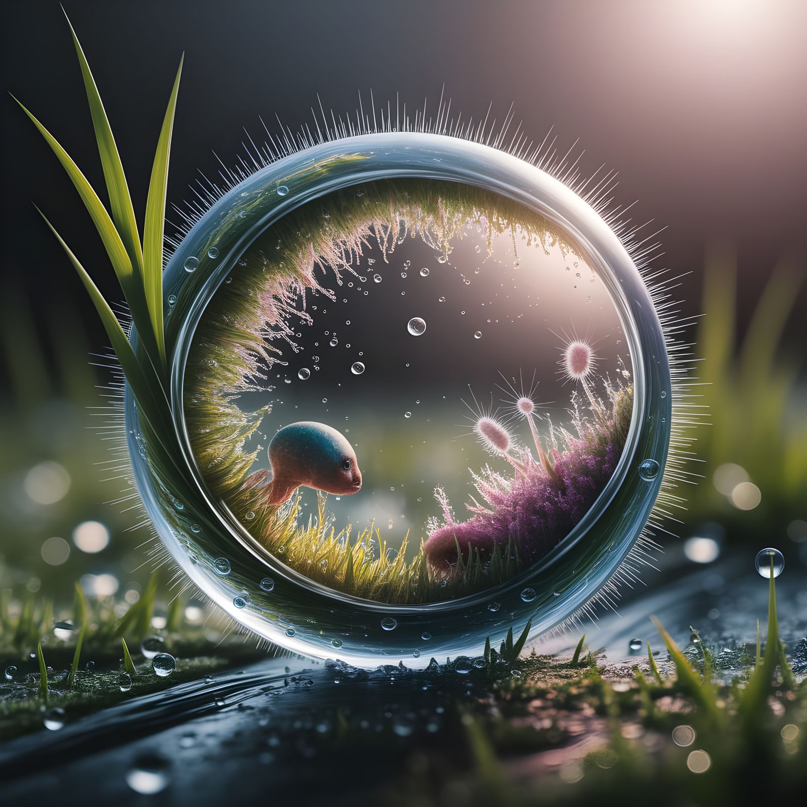 Surreal Miniature World Inside a Dewdrop