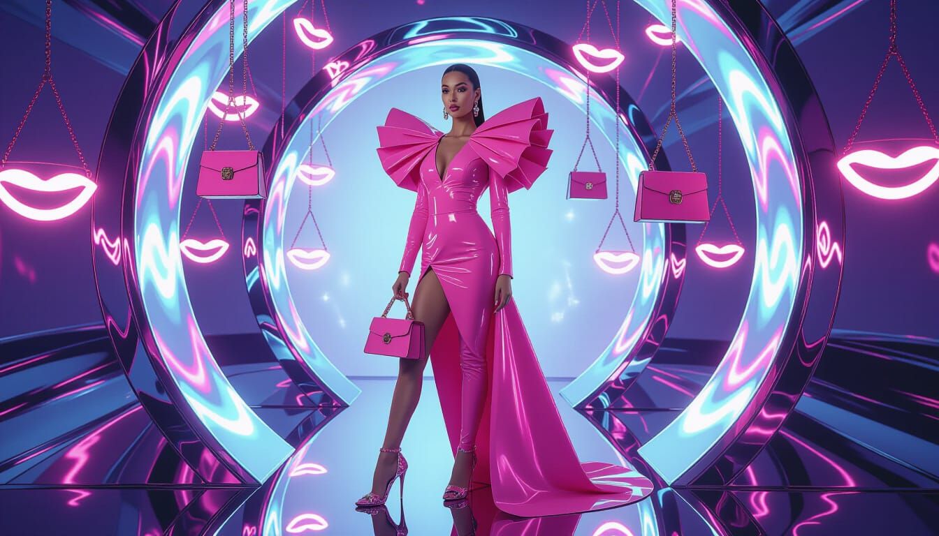 Woman in Pink Latex Against Liquid Chrome Dreamscape