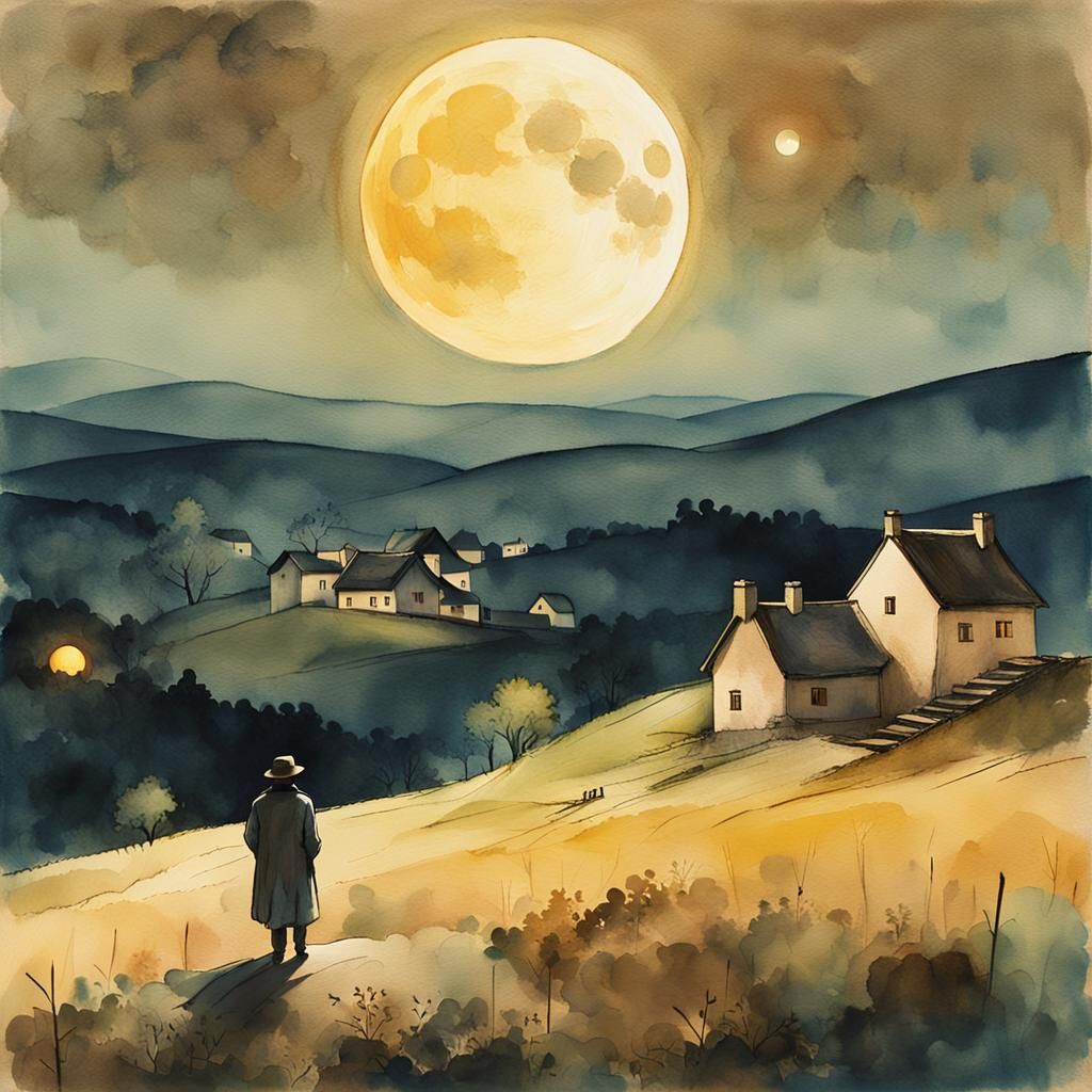 Lone Figure Gazing at Moon in Watercolor Style