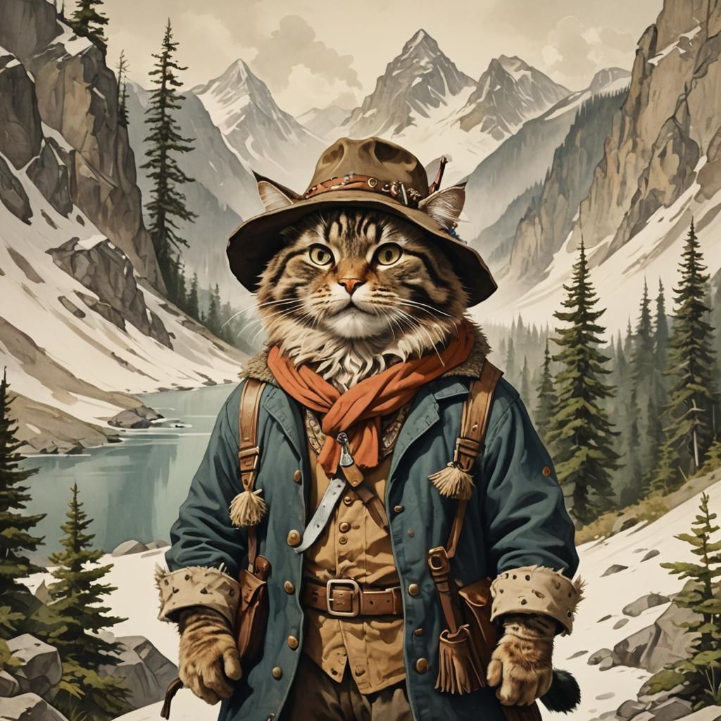 Anthropomorphic Tabby Cat as Mountain Man