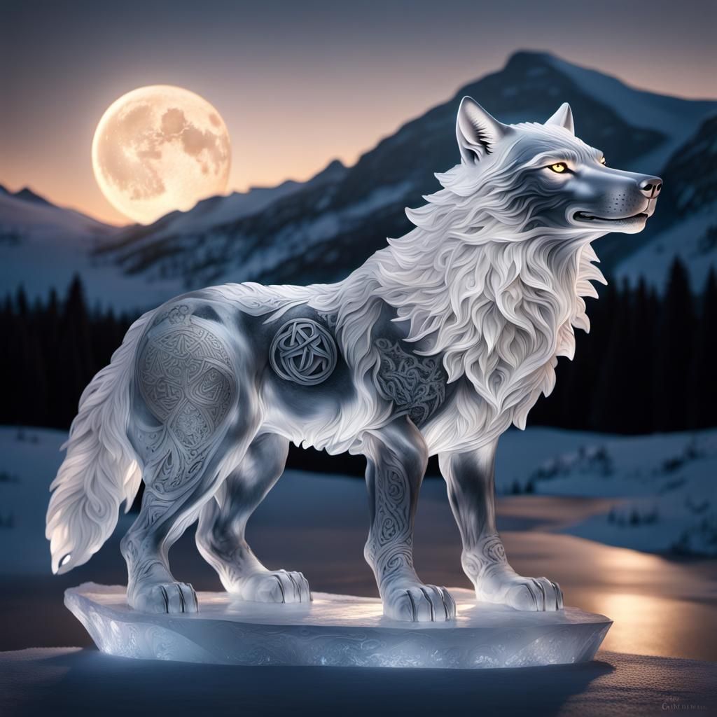 Icy Wolf Sculpture with Celtic Tattoos