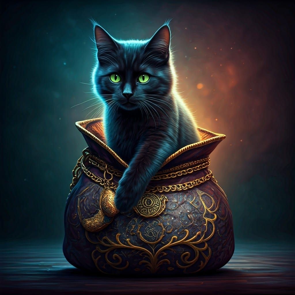 Majestic Black Cat Emerges from Magical Bag