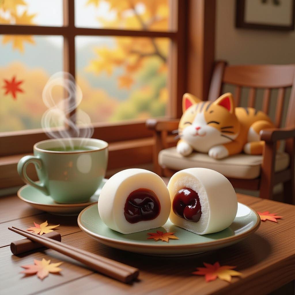Mochi and Tea in 3D Anime Clay Style