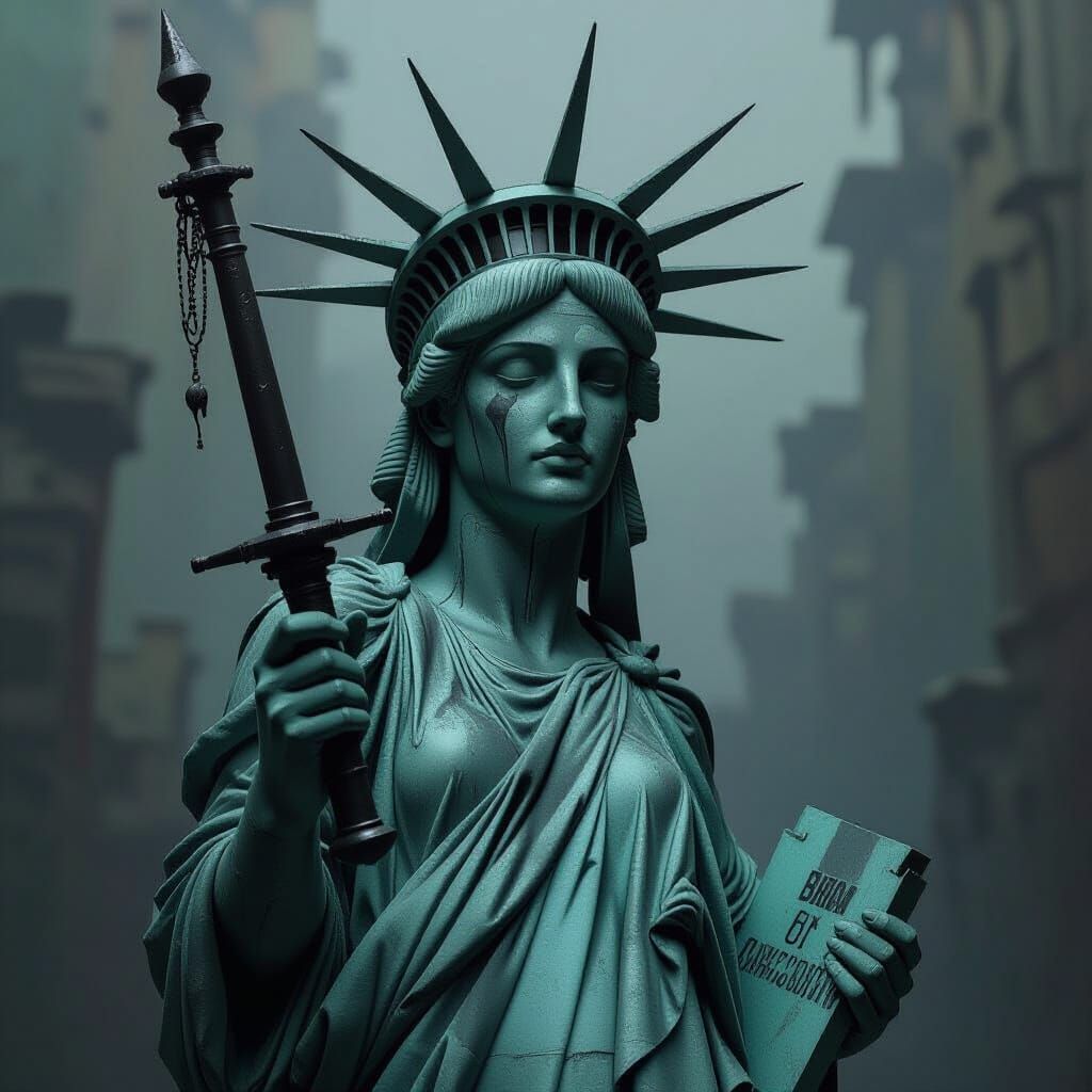 Decomposed Lady Liberty in Digital Watercolor Style