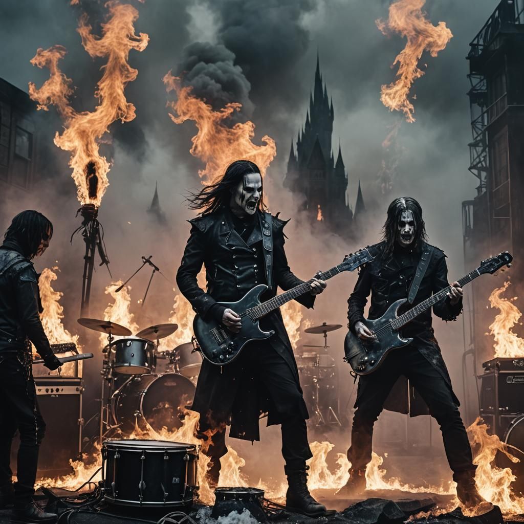 Gothic Metal Band Performance in a Dystopian Cityscape