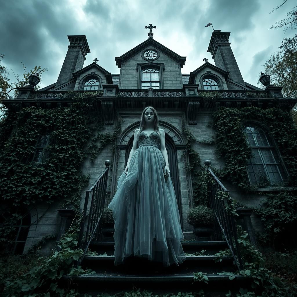 Haunted House Portrait with Eerie Woman in Tulle Dress