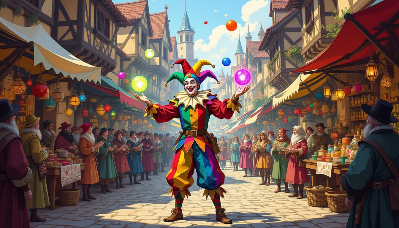 Medieval Jester Juggles Glowing Orbs in Bustling Market