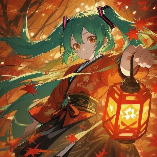 Hatsune Miku in Autumn Forest: Anime Illustration