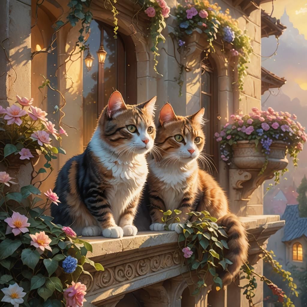 Cats in Ethereal Fantasy Balcony Scene