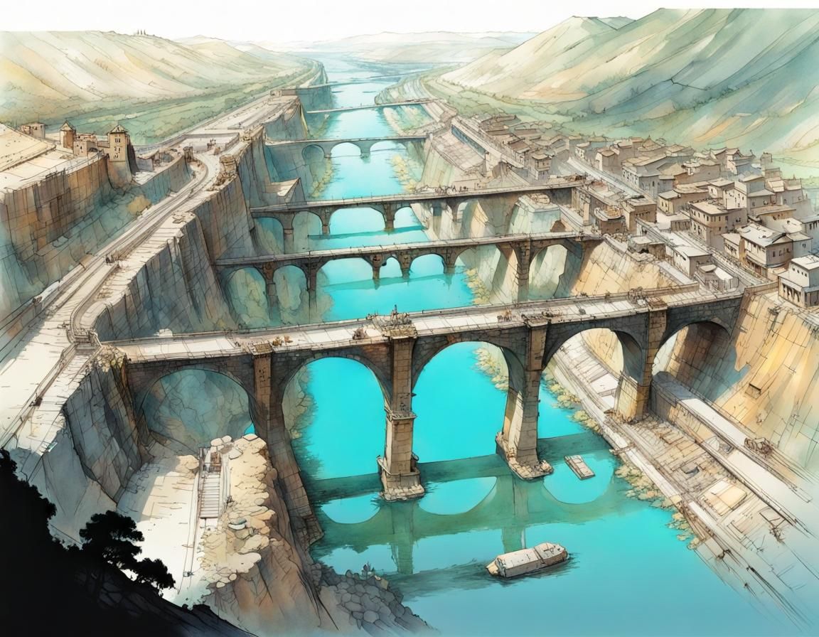 Ancient Aqueducts: Ink Painting in Pastel Colors