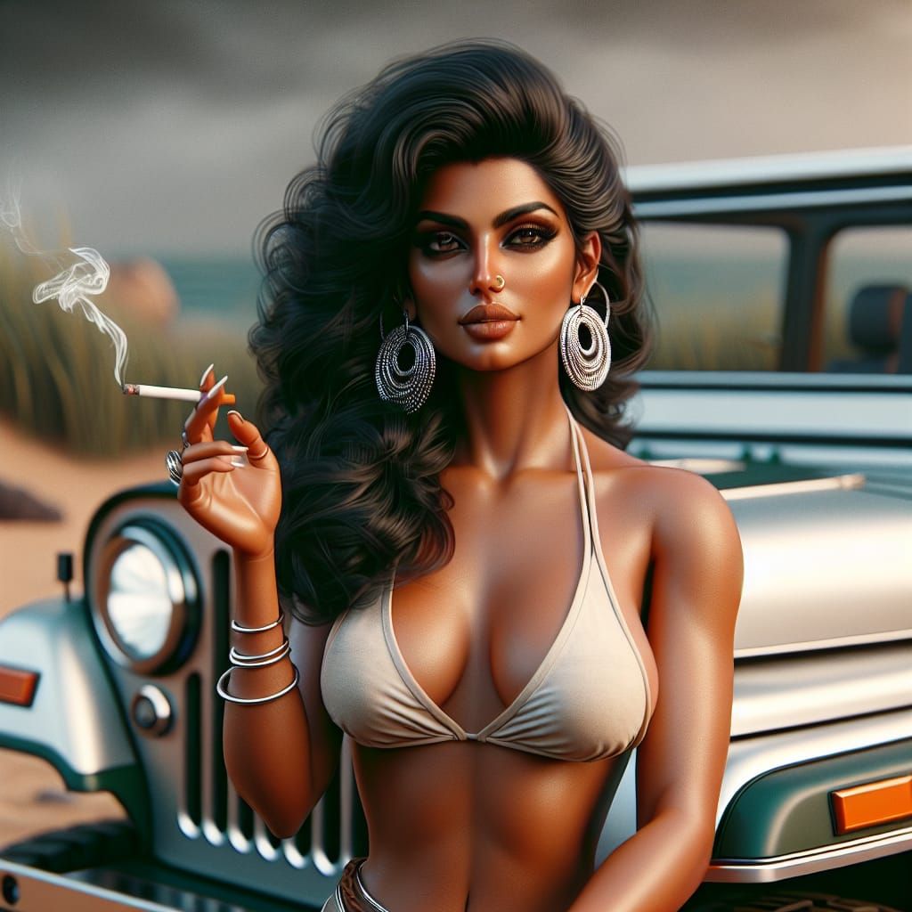 Indian Woman in Bikini Poses with Jeep on Beach