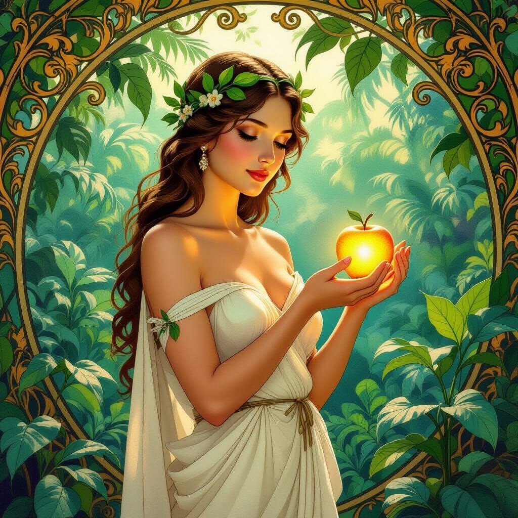 Eve in Garden of Eden with Glowing Golden Apple