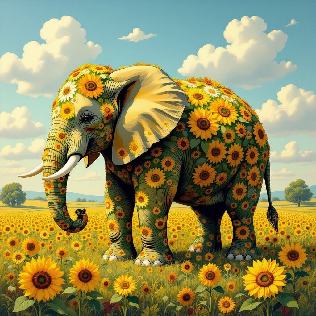 Sunflower Elephant in Dreamlike Surrealist Style