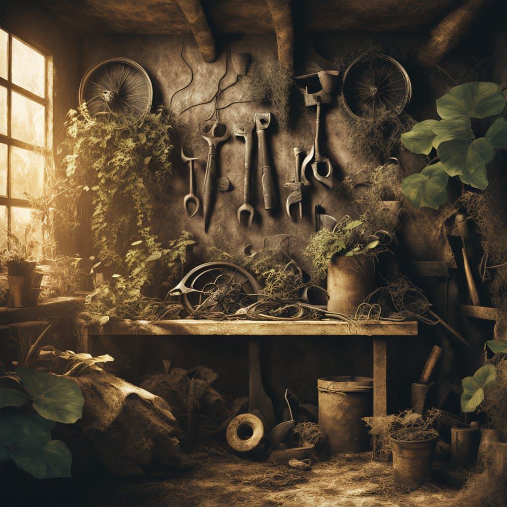 Hidden Plants in Old Garage in Mixed Media Style