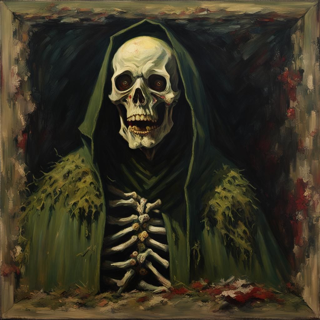 Creepy Huntsman in Moss Cloak: Oil Painting