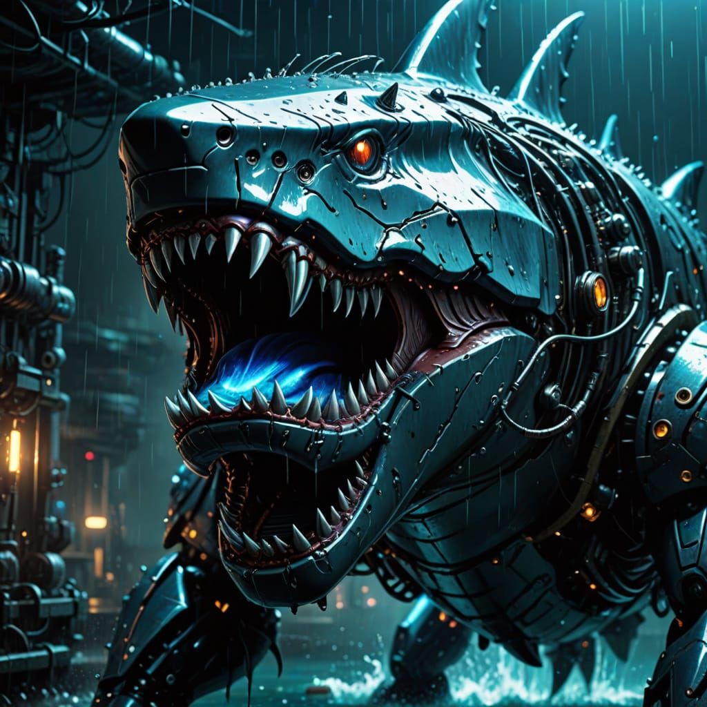 Cyberpunk Mecha Megalodon Unleashes Underwater Terror