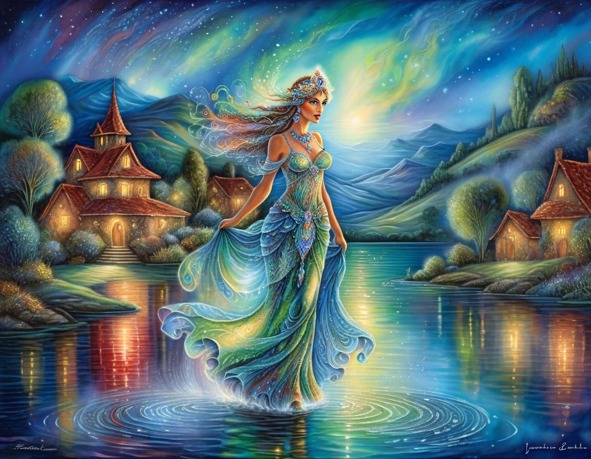 Fantasy Goddess Walking on a Lake as Acrylic Painting