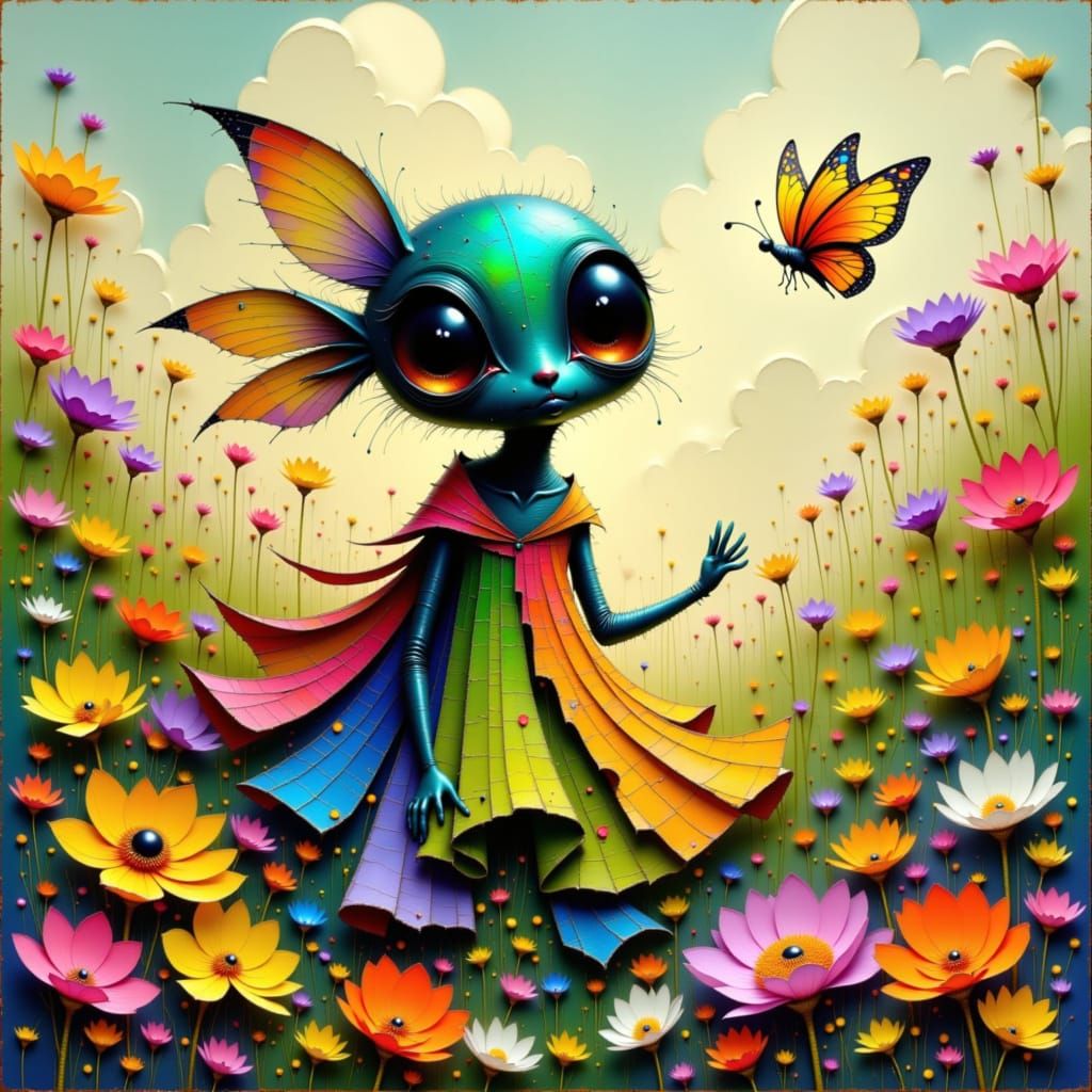 Whimsical Alien Butterfly Chase: Art Nouveau Style