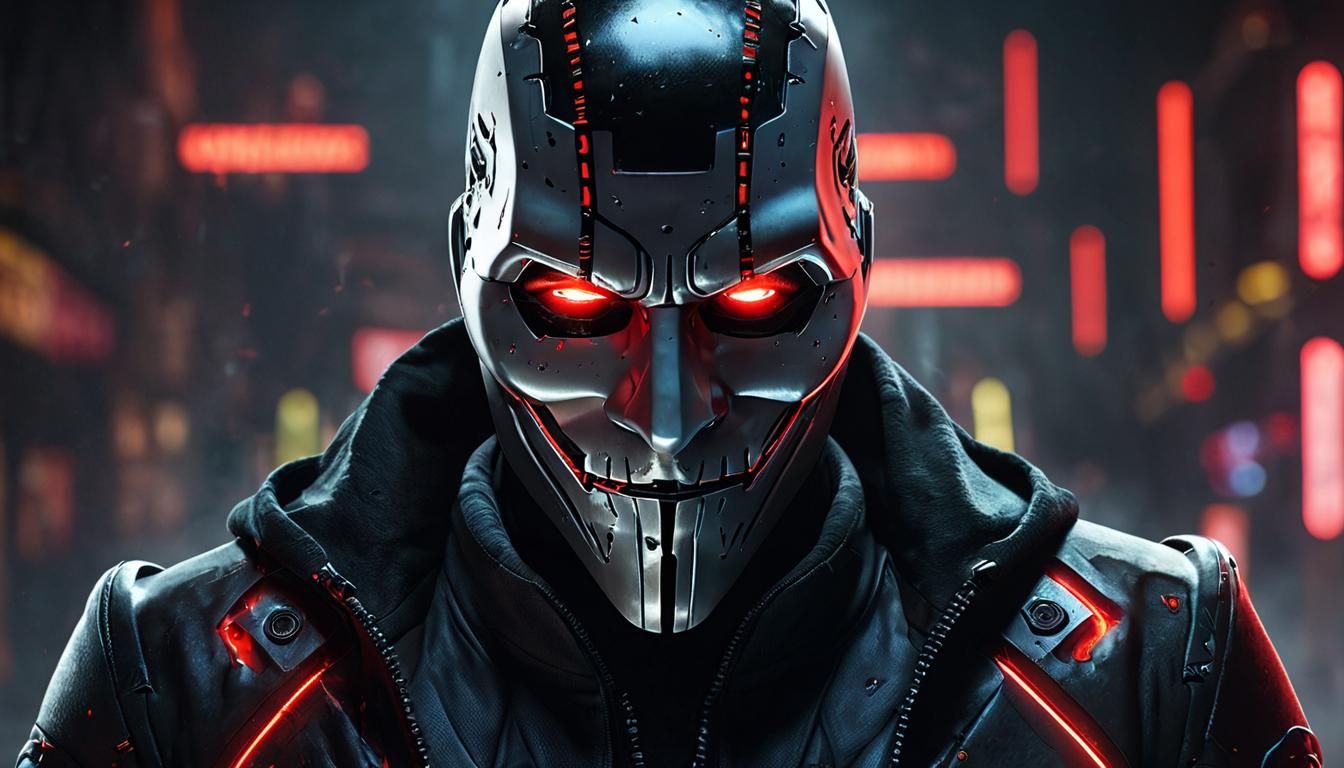 Cyborg with Joker Mask in Neon Dystopian Style