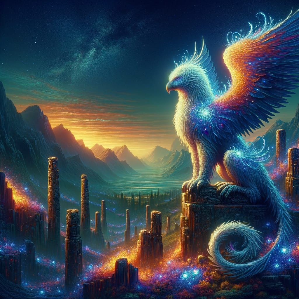 Majestic Griffin on Bioluminescent Ruins at Twilight