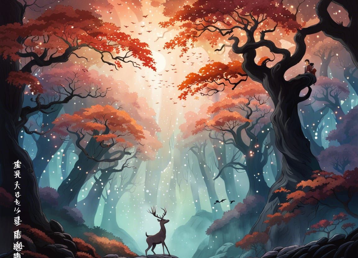 Ethereal Gazelle in Ominous Forest: Ukiyo-e Anime Art