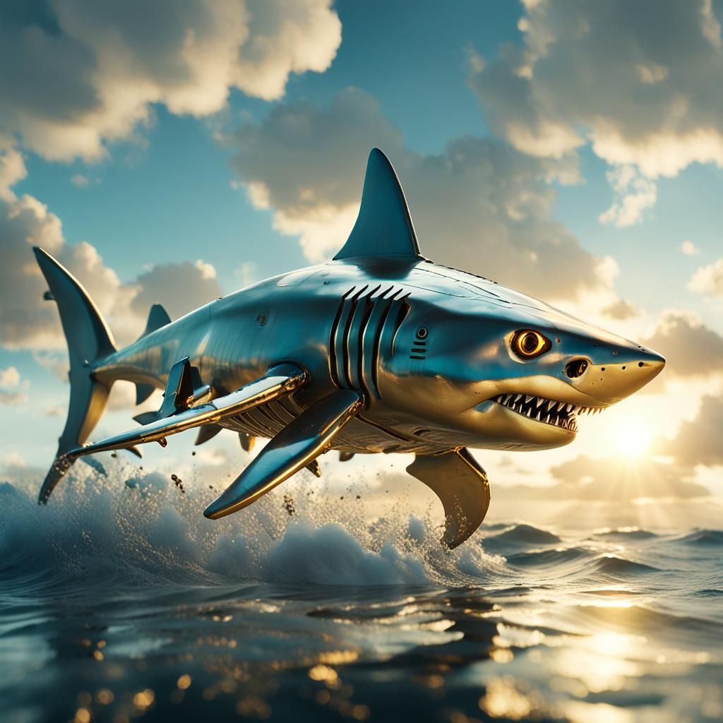 Robot Shark Soaring Over Ocean in Sci-Fi Style