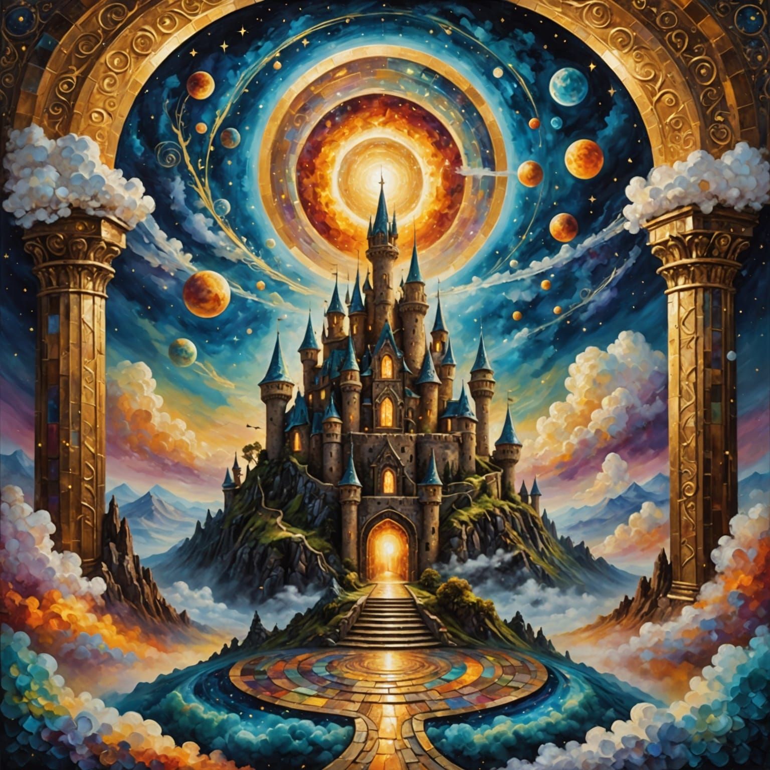 Magical Castle in Clouds, Impasto Style