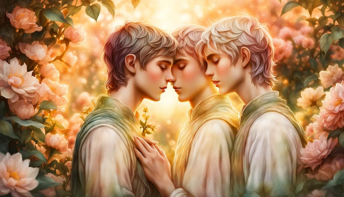 Romantic Elven Boys in Sunset Garden, Watercolor Style