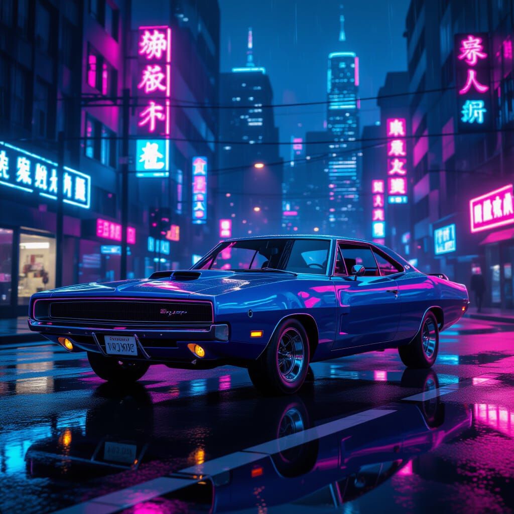 Cyberpunk 1970 Dodge Charger on Neon City Street
