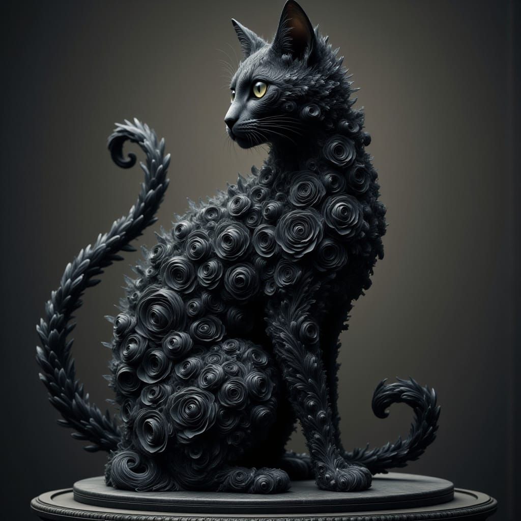 Black Rose Cat Sculpture in Gothic Style