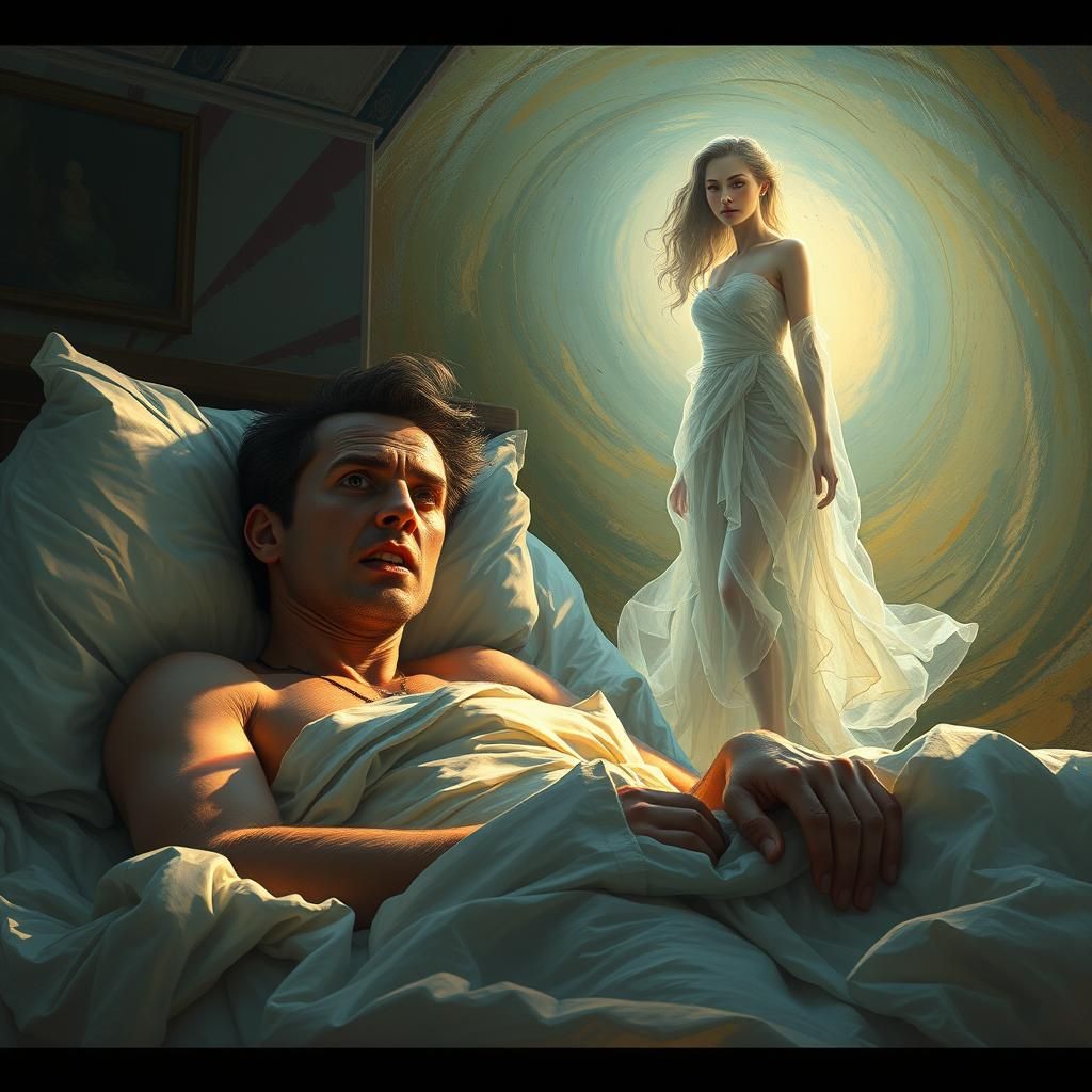 Shocked Man Sees Ghost in Ethereal Art Style