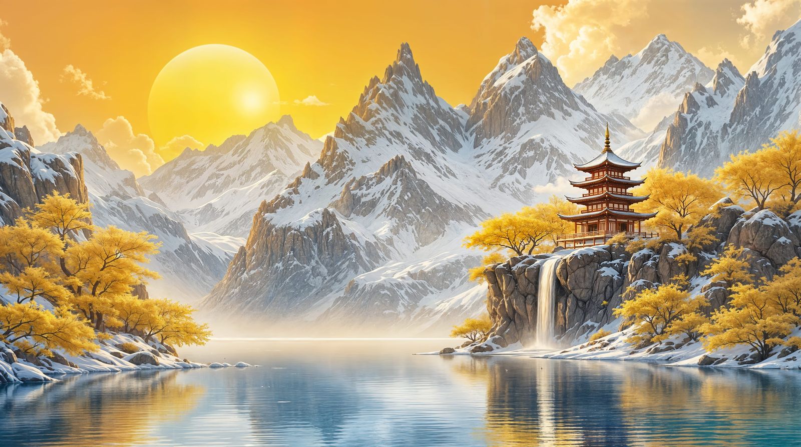 Winter Pagoda in Golden Sunrise Splendor
