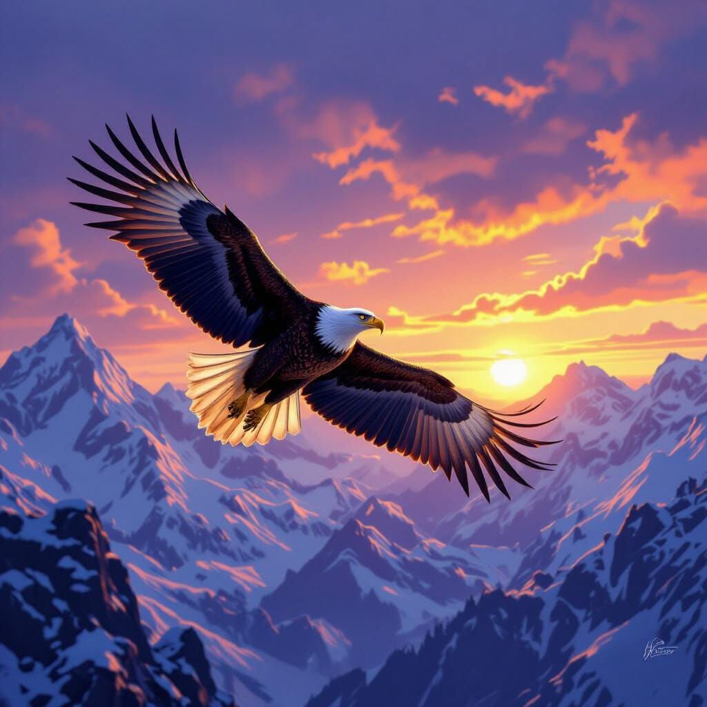 Majestic Eagle Soars Over Snowy Mountains at Sunset