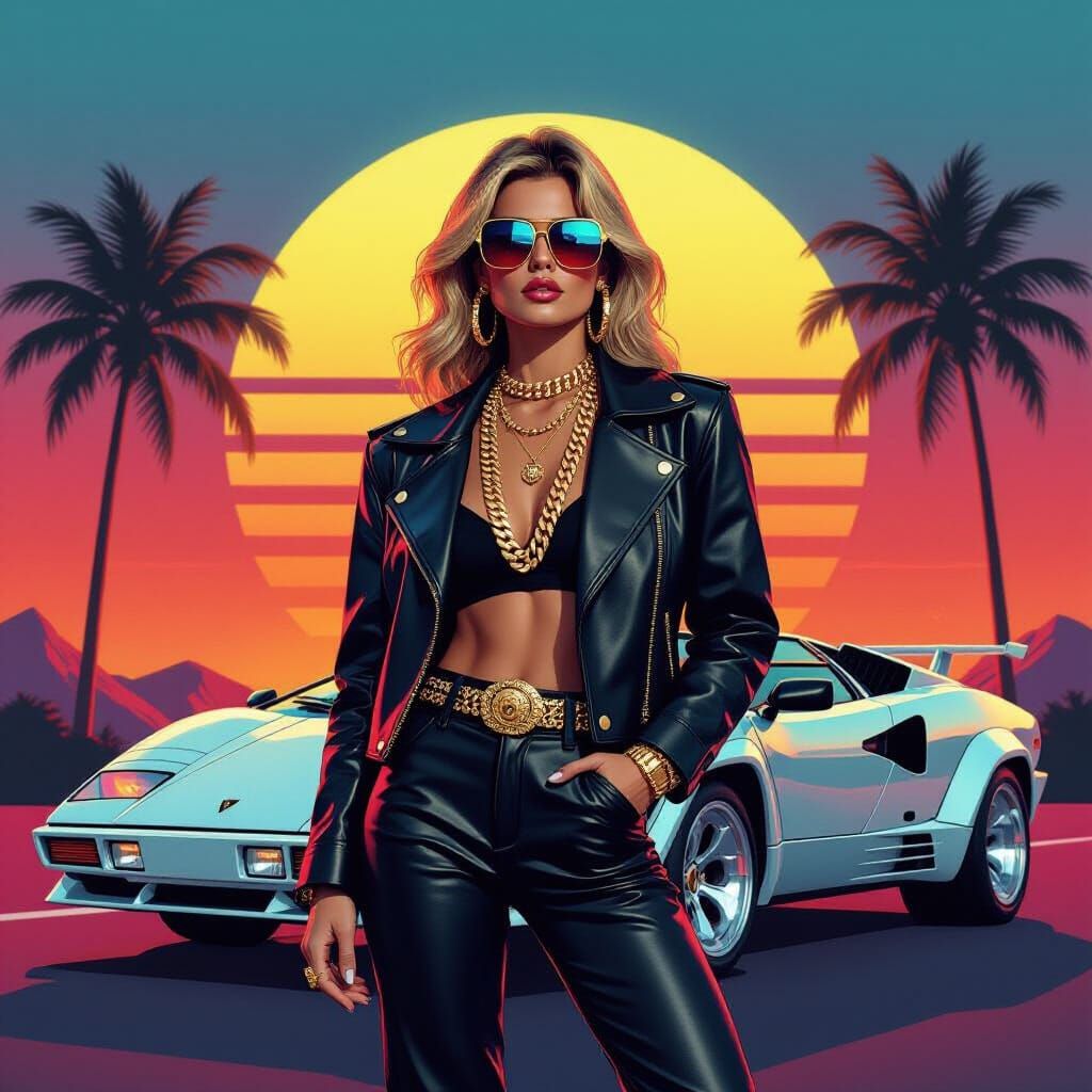 1980s Supermodel with Lamborghini, Synthwave Style