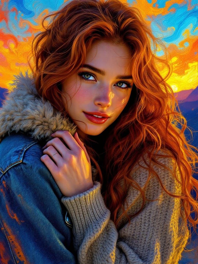 Alluring Irish Woman Dancing at Sunset in Van Gogh Style