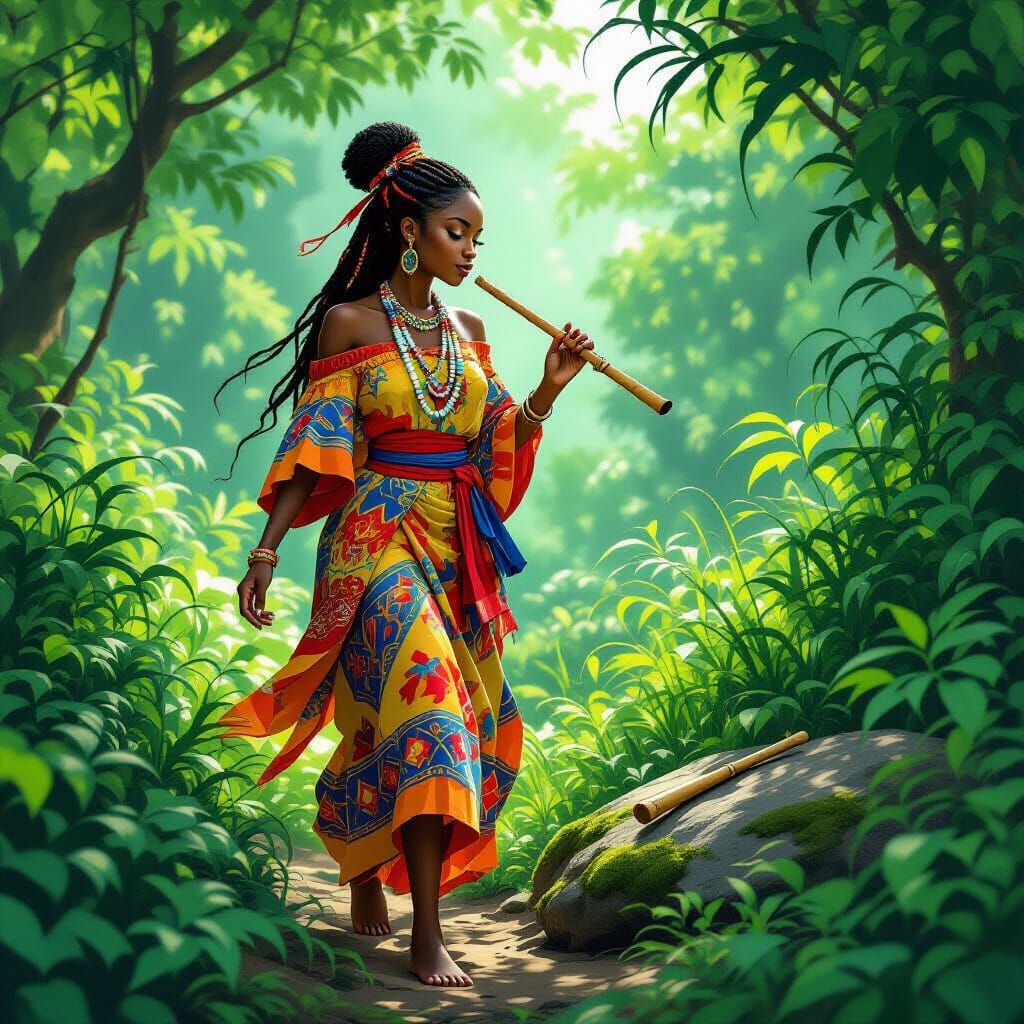 Mystical Igbo Girl in Lush Underbrush, Evocative Art