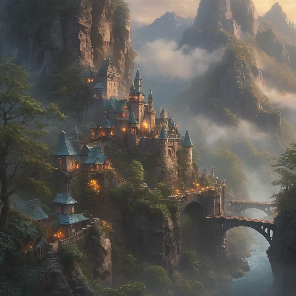 Ethereal Castle in Misty Mountain Landscape