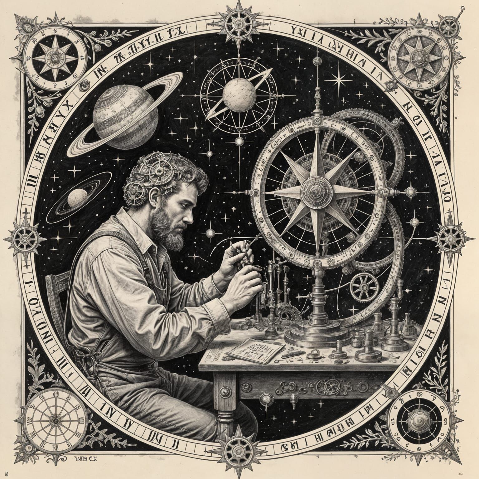Celestial Mechanic Repairs Constellation: Charcoal Drawing