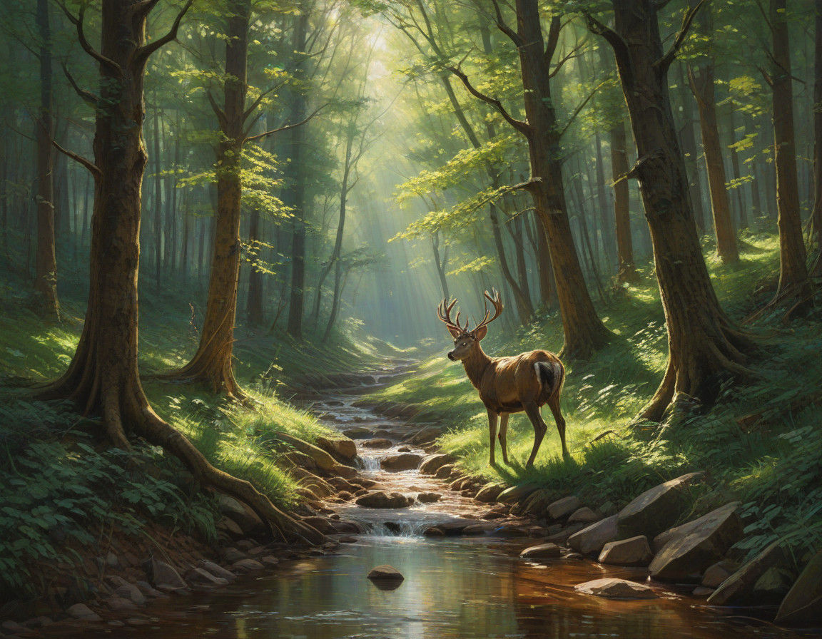 Post-Impressionist Deer in Splendid Forest Light