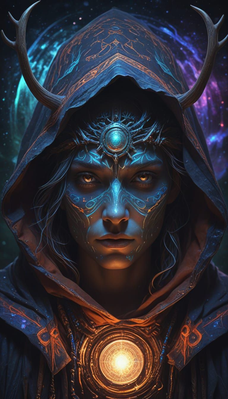 Antlered Shaman in Wormhole: Visionary Digital Painting