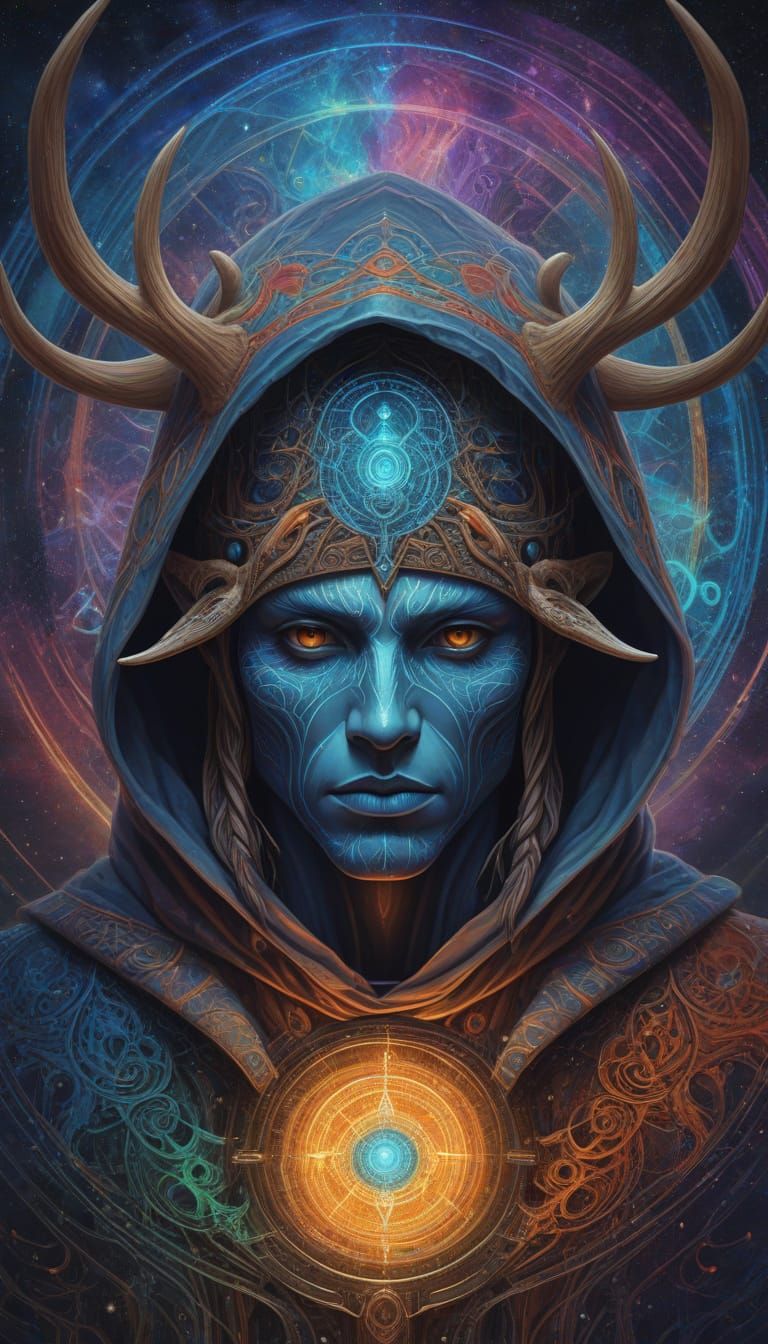 Antlered Shaman in Wormhole, Art Nouveau Digital Painting