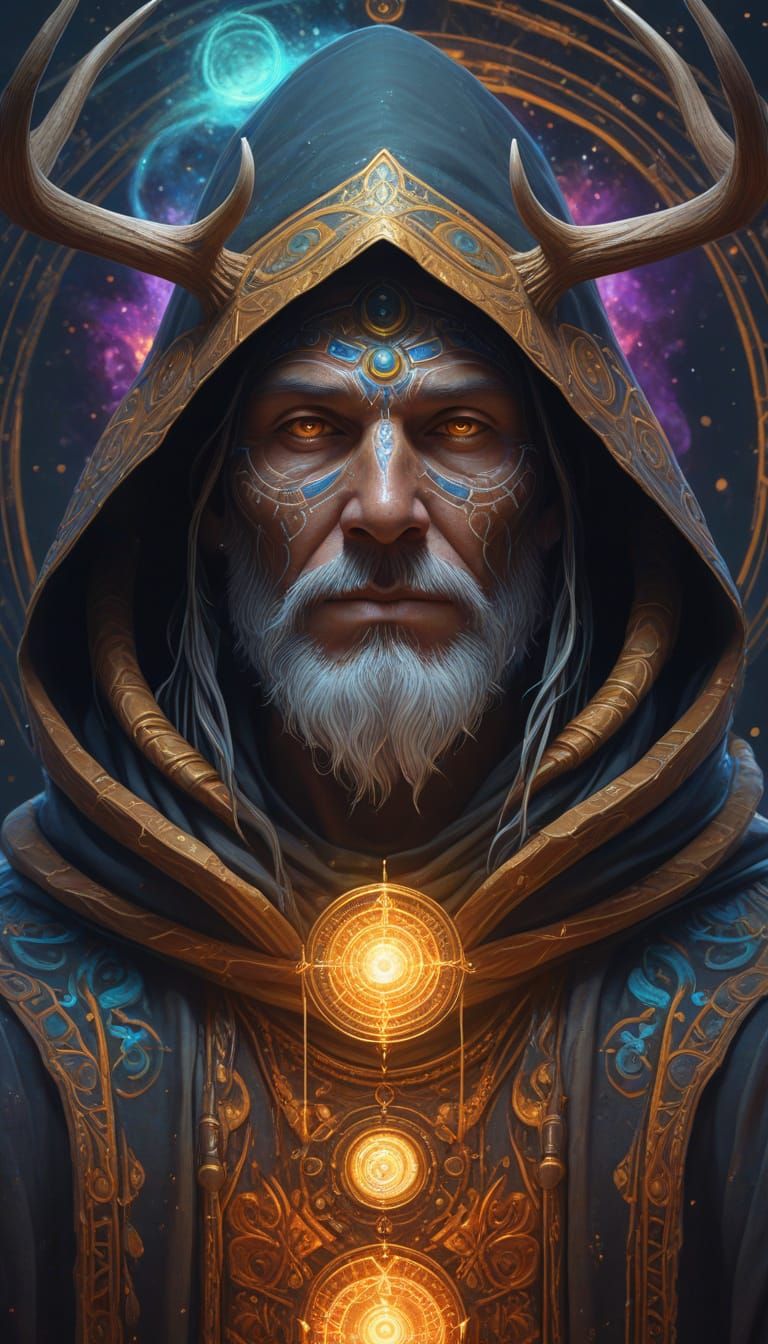 Hooded Shaman in Ethereal Art Nouveau Style