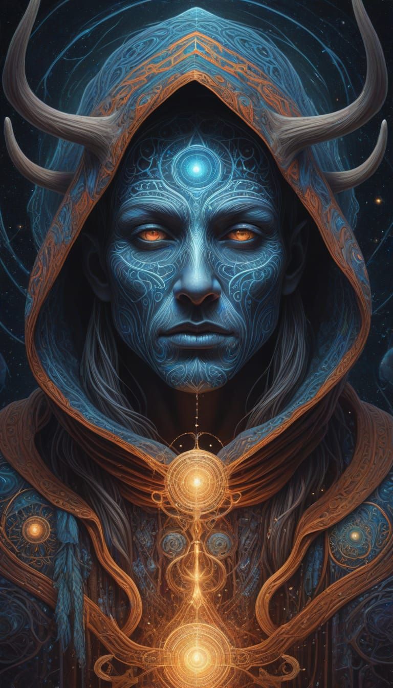 Antlered Shaman in Wormhole: Art Nouveau Digital Painting