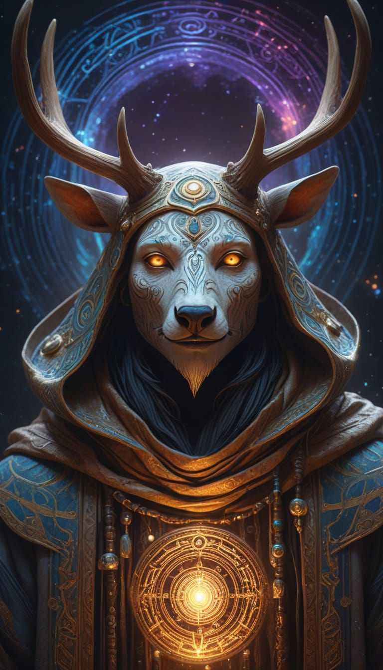 Antlered Shaman in Wormhole: Ethereal Art Nouveau