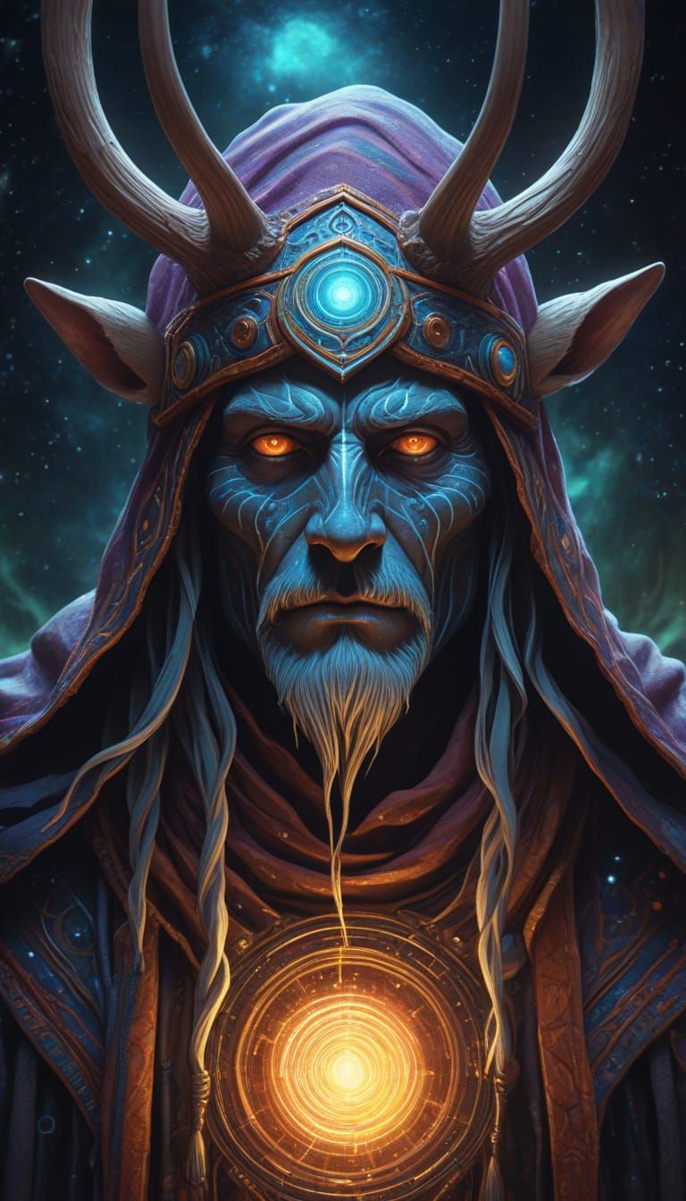 Antlered Shaman in Wormhole: Art Nouveau Digital Painting