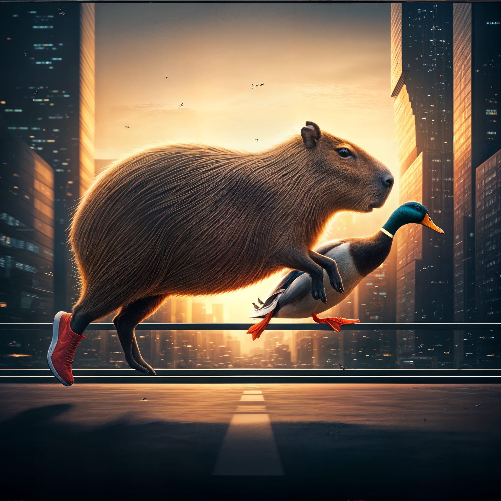 Capybara and Duck Marathon in Sci-Fi Style