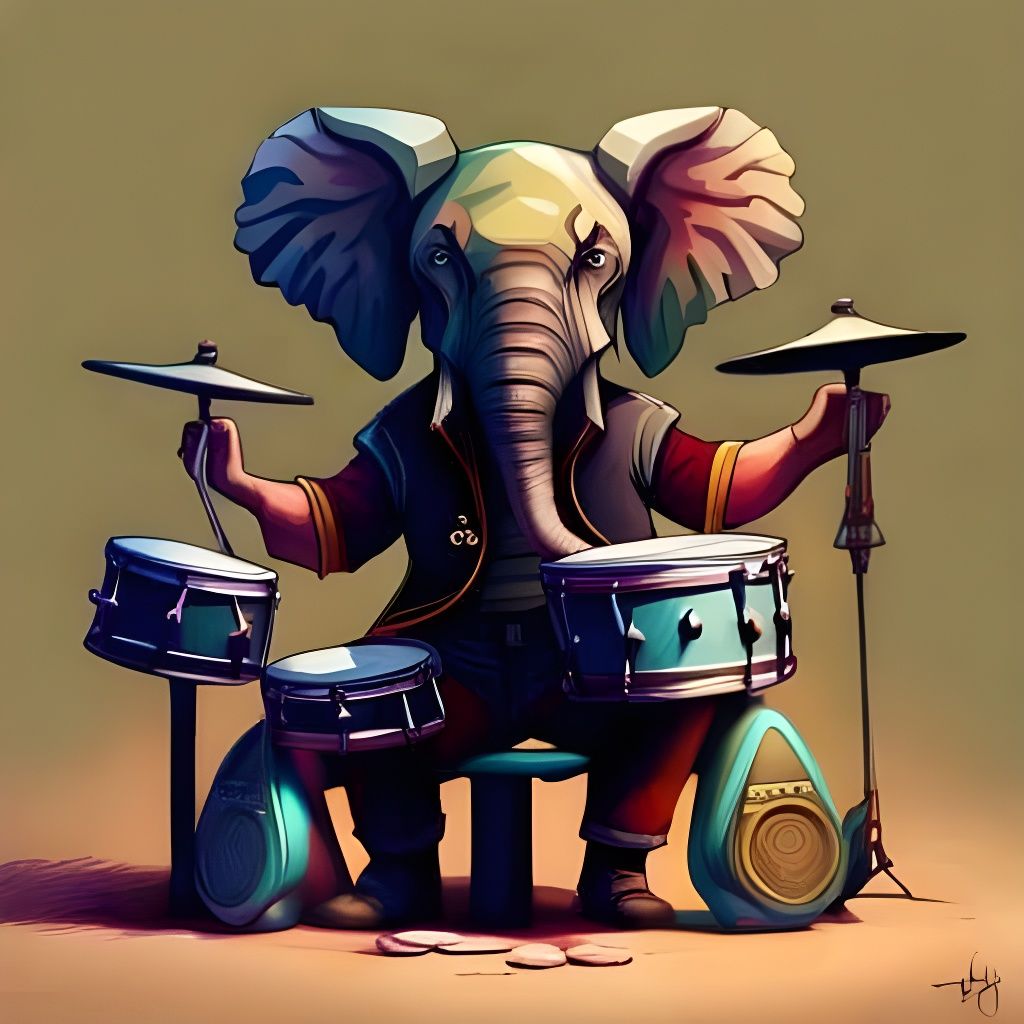 Psychedelic Elephant Rockstar Drummer: Detailed Digital Art