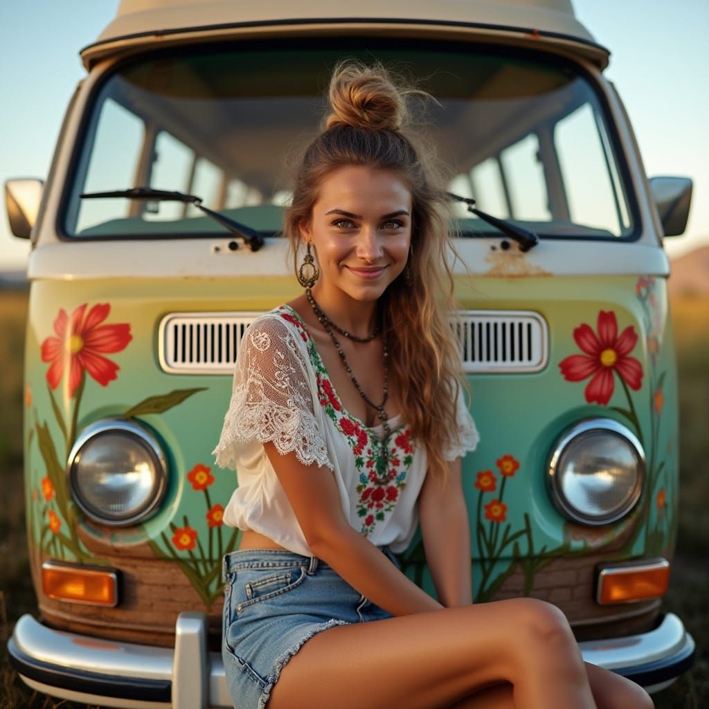Happy Hippie Woman with VW Bus