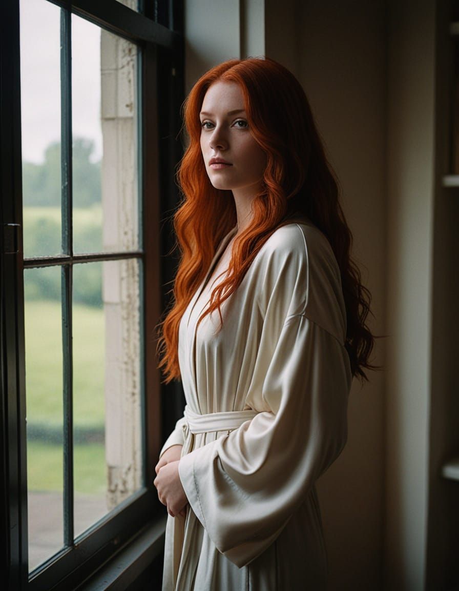 Woman with Red Hair in Silk Robe: Professional Photography