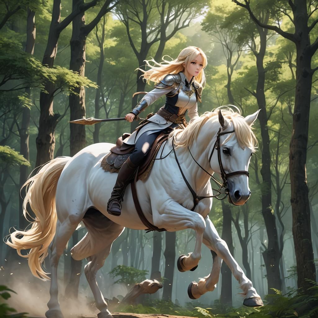 Anime Girl on White Horse in Forest